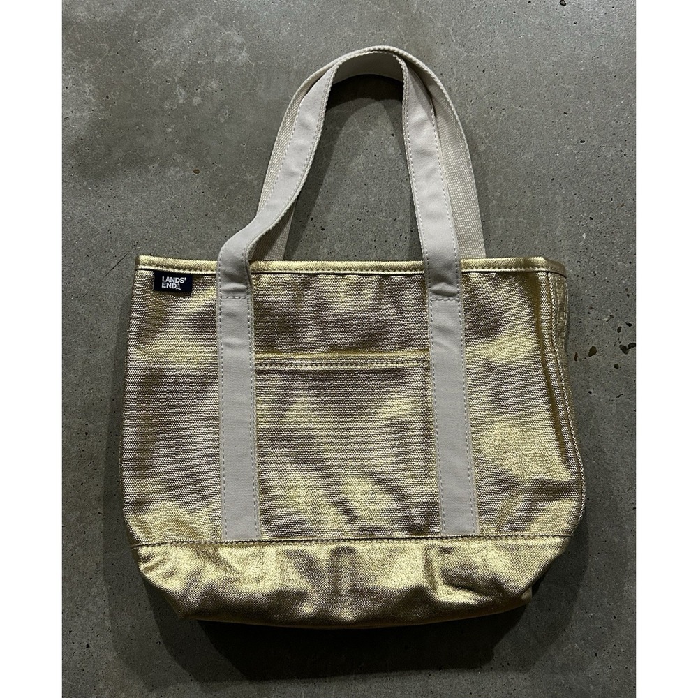 Lands' End Metallic Gold Tote Bag Medium 5 Pocket Open Top Canvas Organizer